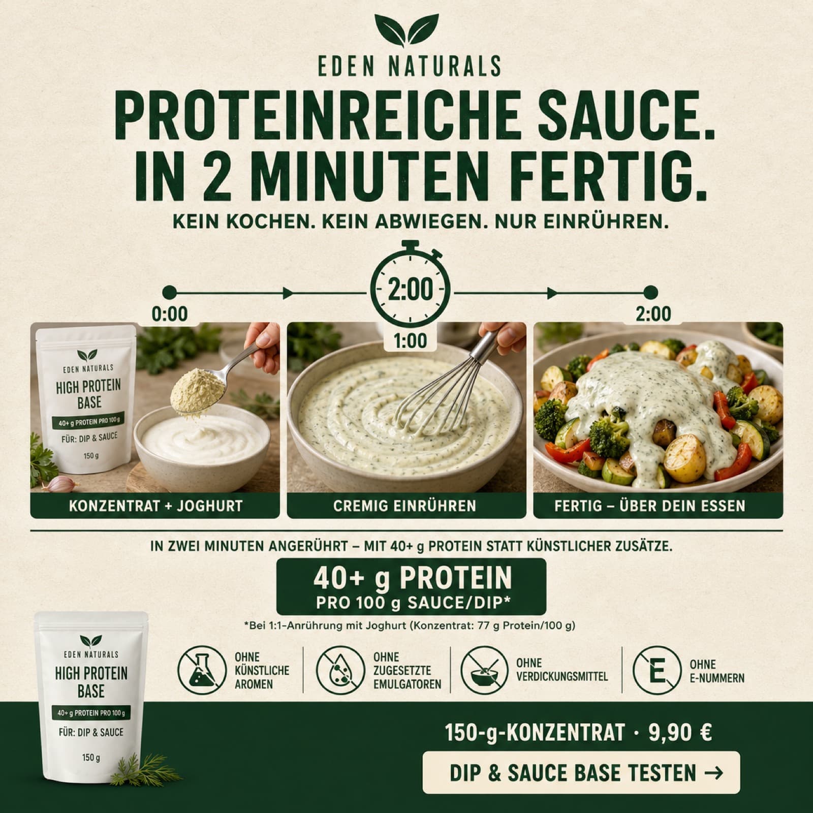 Proteinreiche Sauce in zwei Minuten: Konzentrat und Joghurt mischen, cremig einrühren, über das Essen geben. 40+ g Protein pro 100 g Sauce.